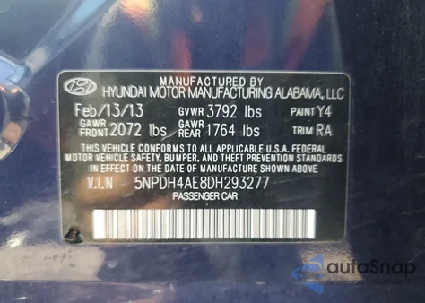 2013 Hyundai Elantra Gls from USA, damaged, VIN 5NPDH4AE8DH293277